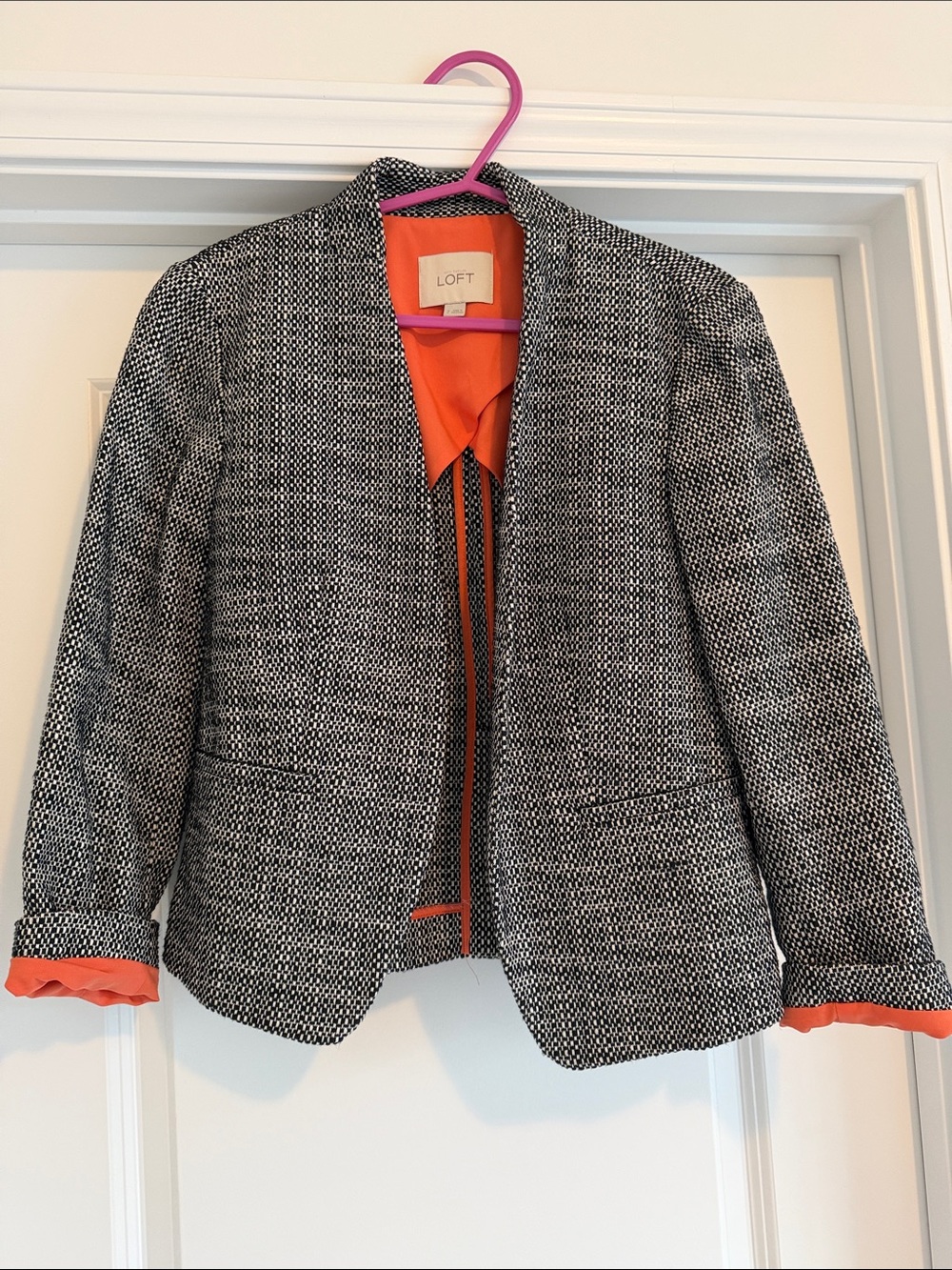 LOFT Black & White Tweed Jacket with Orange Trim